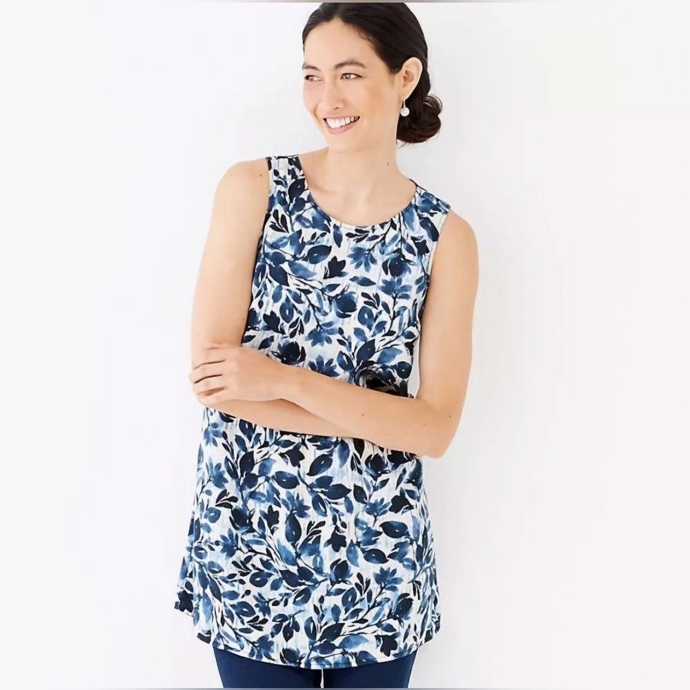 Pure Jill Tunic Top Women S Petite Blue Botanical Leaf Tencel Sleeveless EUC